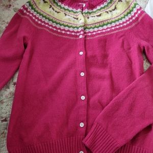 LL BEAN LAMBSWOOL RASPBERRY PINK FAIR ISLE HUNTING DOG  CARDIGAN MISSES SZ M